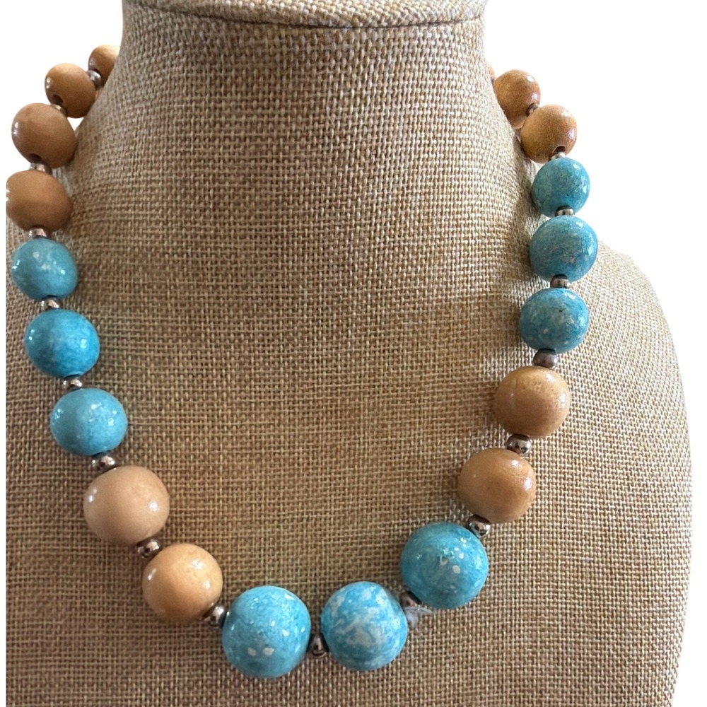 Chunky Wood and Turquoise Colr Bead Statement Necklace Boho Artsy Coastal